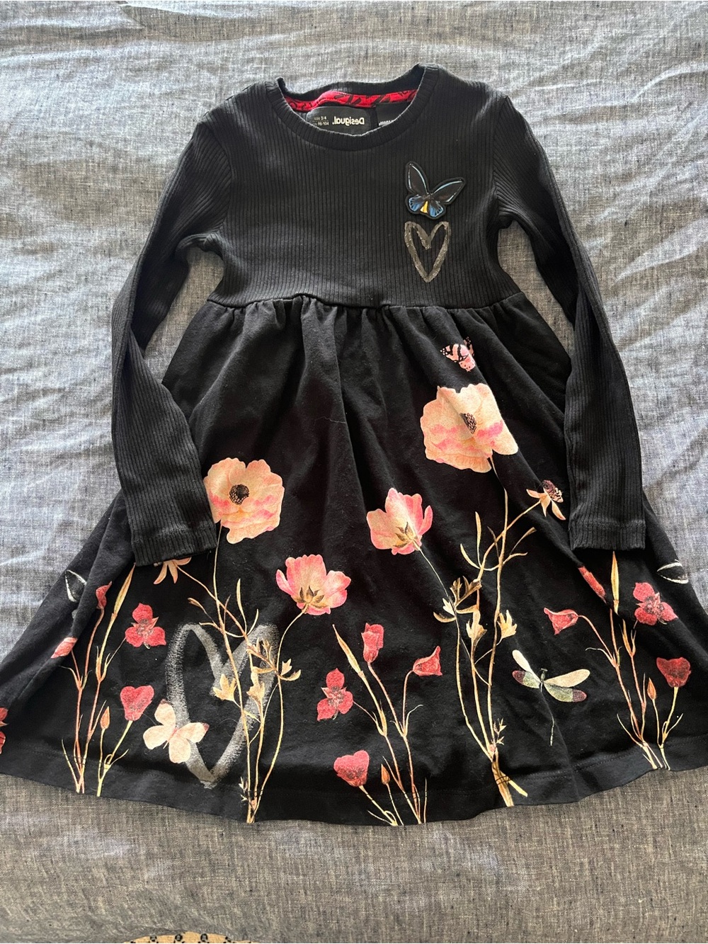 Desigual Black Floral Long-Sleeve Dress with Pink and Cream Flowers